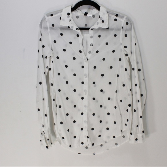 DIVIDED 100% Cotton White Black Polka Dot Long Sleeve Semi-Sheer Top Blouse 0 - Picture 6 of 7
